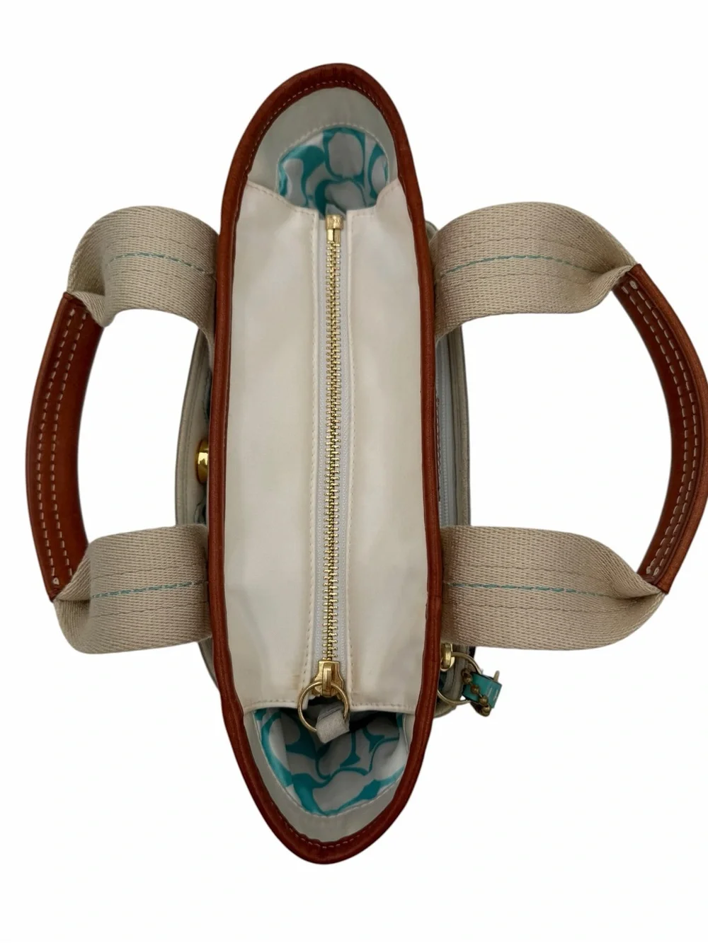 Vintage Coach Hampton White & Aqua Nylon Mini Tote Bag Leather Trim - Picture 7 of 12